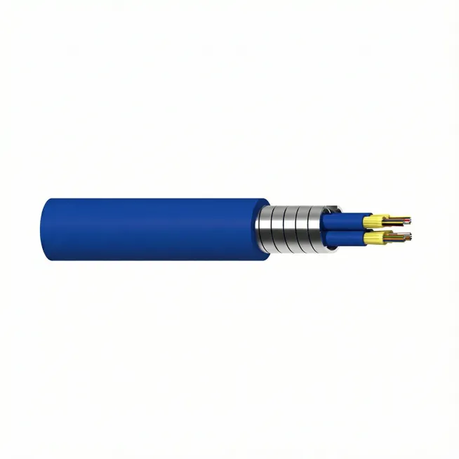 3D reference view of a GJASFKV multi-core armored indoor fiber optic cable with exposed subunits and protective layers