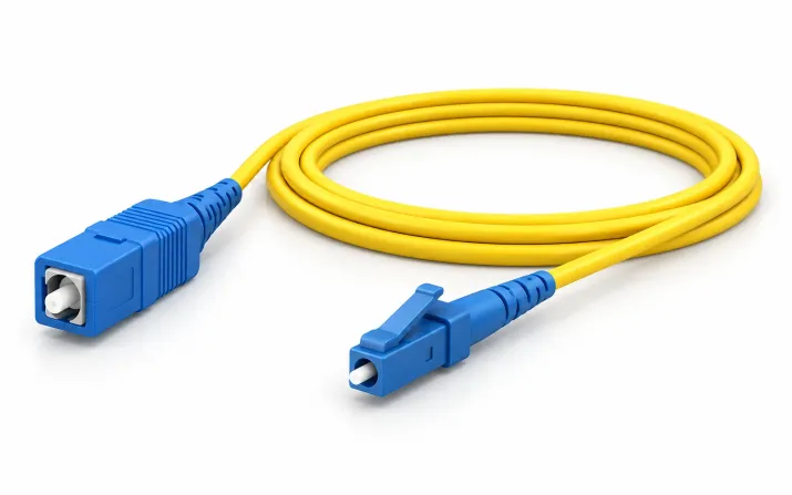Illustrative 3D render of one yellow simplex optical patch cord with blue SC and LC connectors