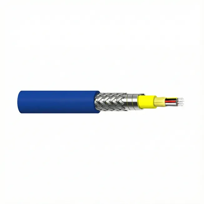 3D reference view of a GJSFJV armored indoor distribution fiber optic cable with exposed fiber core and protective layers