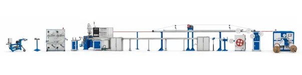 White-background 3D panoramic view of the HK-50 IPC plus PLC control FTTH drop cable production line with dual-axis take-up