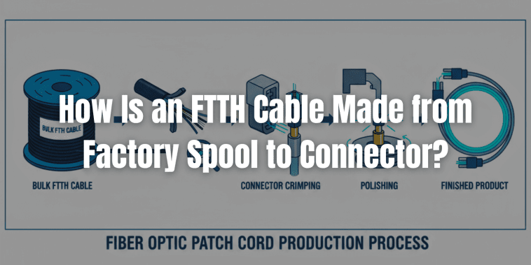 عملية إنتاج كابل FTTH المصورة التي تُظهر الخطوات من البكرة الجماعية، وضغط الموصلات، والتلميع، حتى كابل التوصيل النهائي.