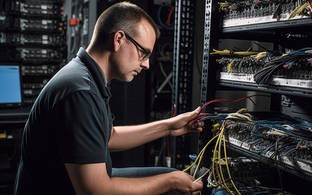 the engineer checking the fiber optic cable, thinking about the how to save the costs of fiber optic cables