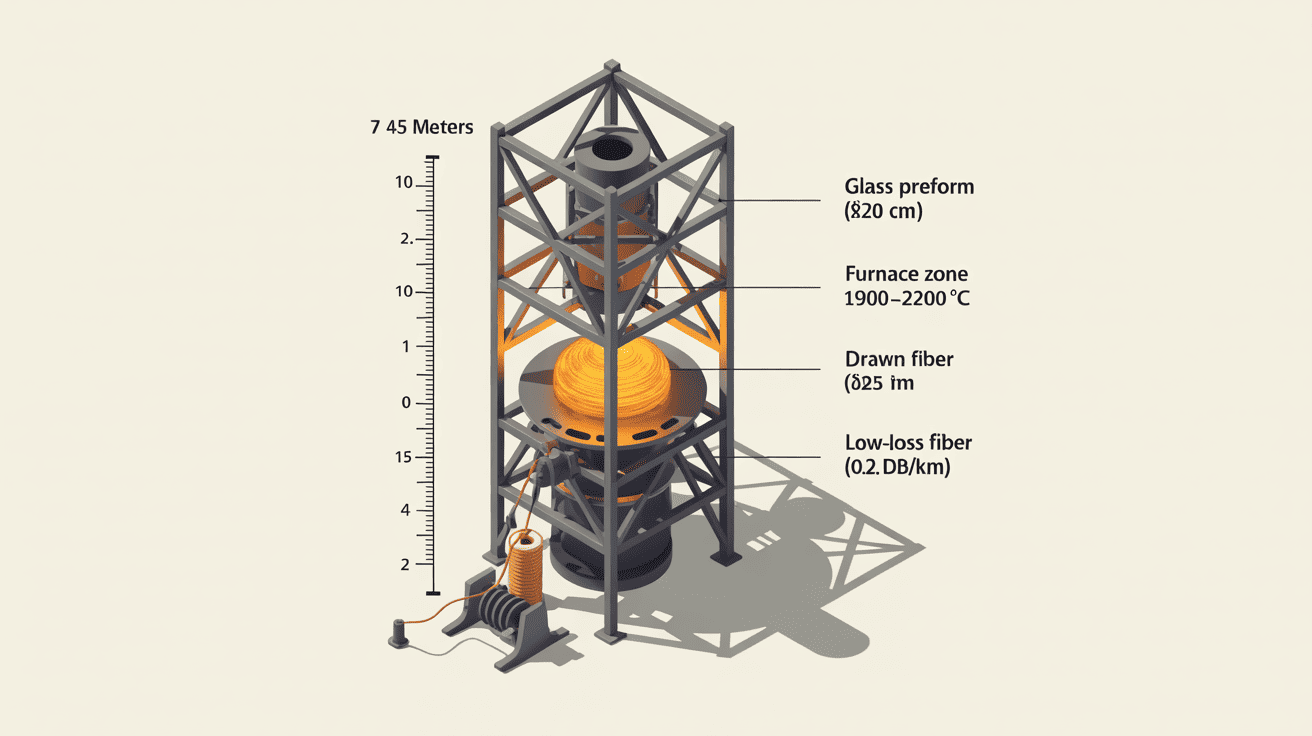alt text: Overview of a [fiber drawing tower](https://hkcablemachine.com/what-key-equipment-do-you-need-for-optical-fiber-manufacturing/?srsltid=AfmBOoptIEb17ySd7-3eVWwim9P7LWskFpr3N4T423BU8N34zybWESVA)[^1] structure with height indication
