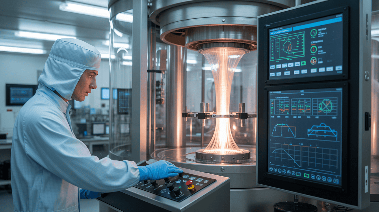 alt text: Technician using advanced control panel on a fiber drawing tower
