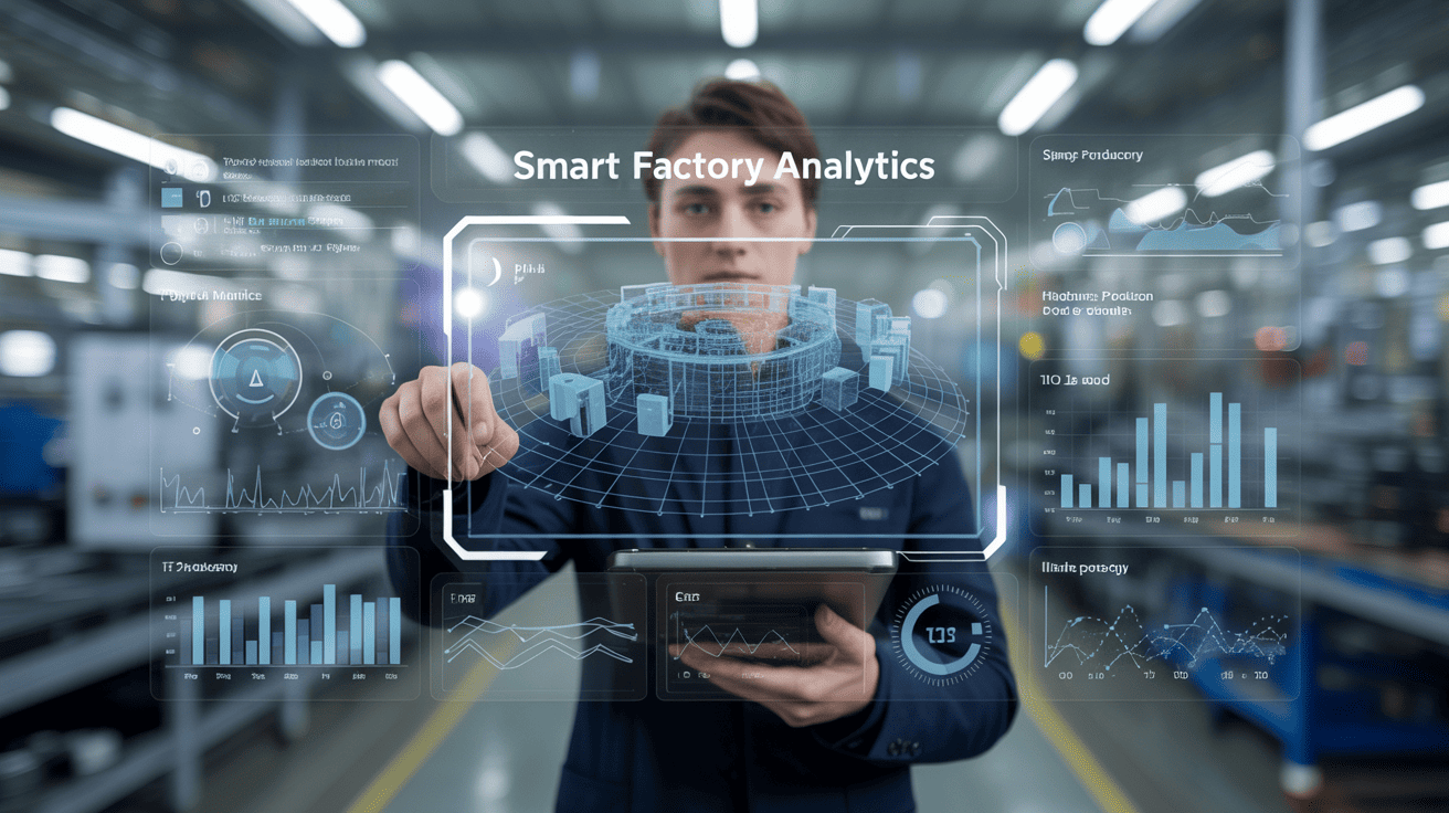 A futuristic dashboard showing data analytics from a smart factory floor