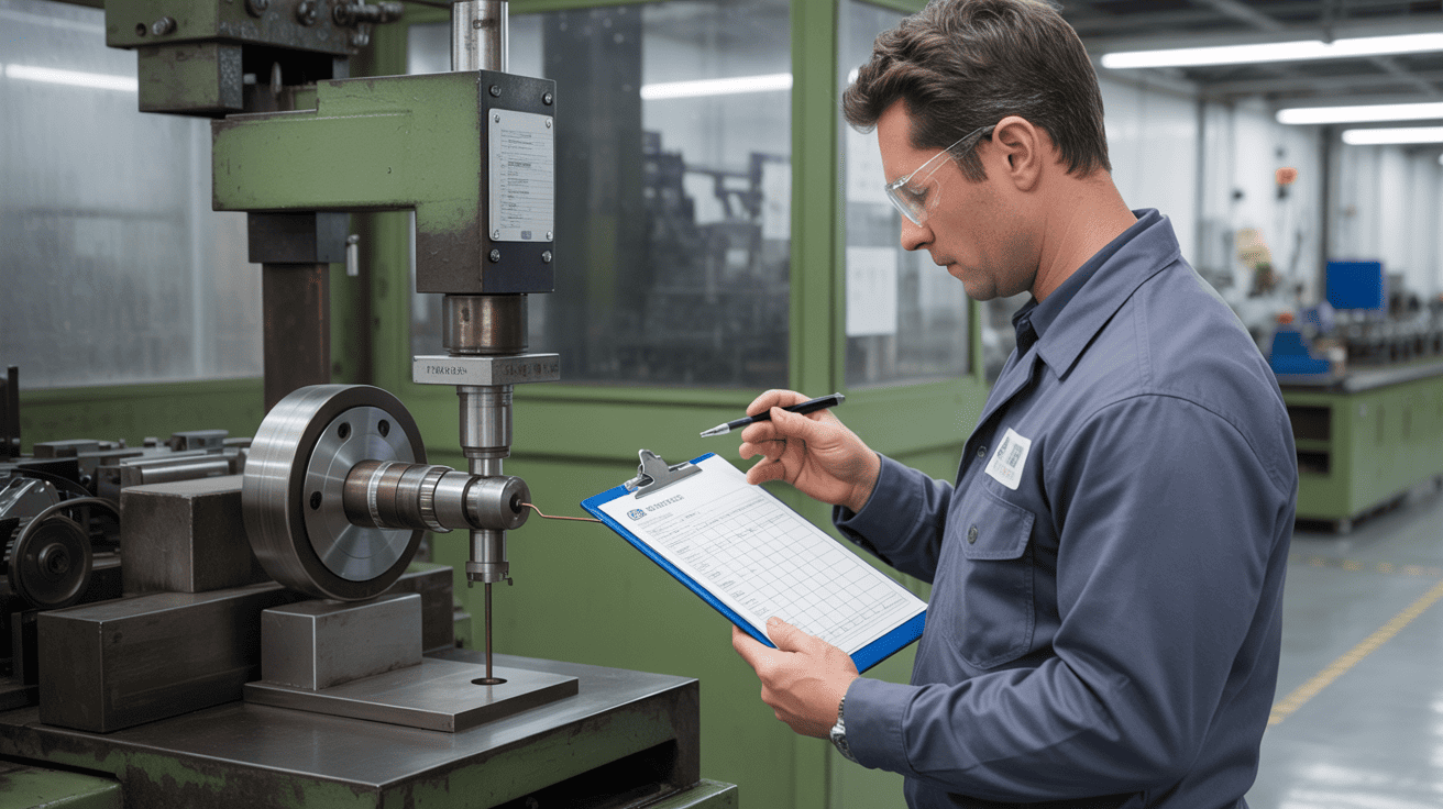 A quality control inspector with a clipboard examining a finished wire drawing machine