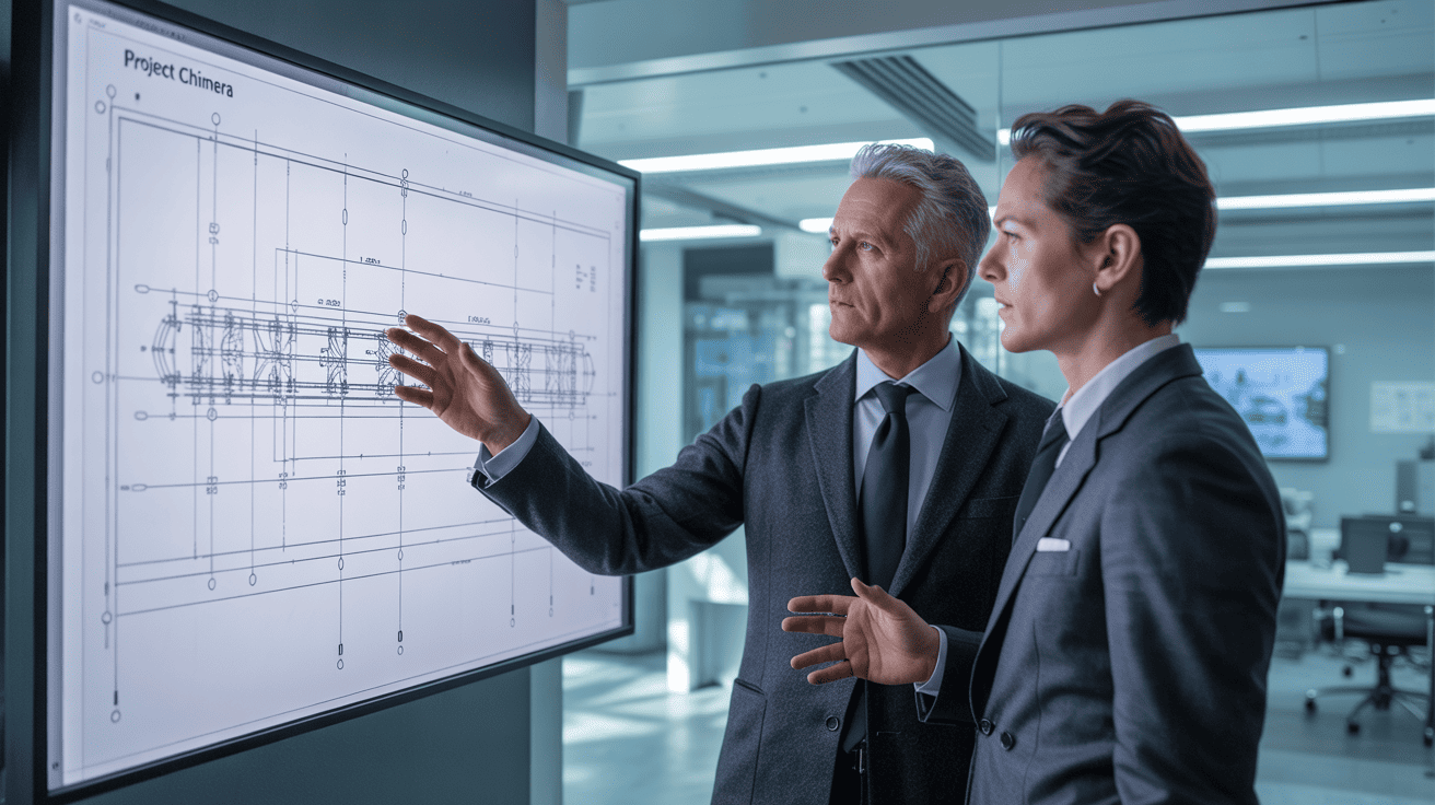 Two engineers reviewing a complex technical drawing on a large screen