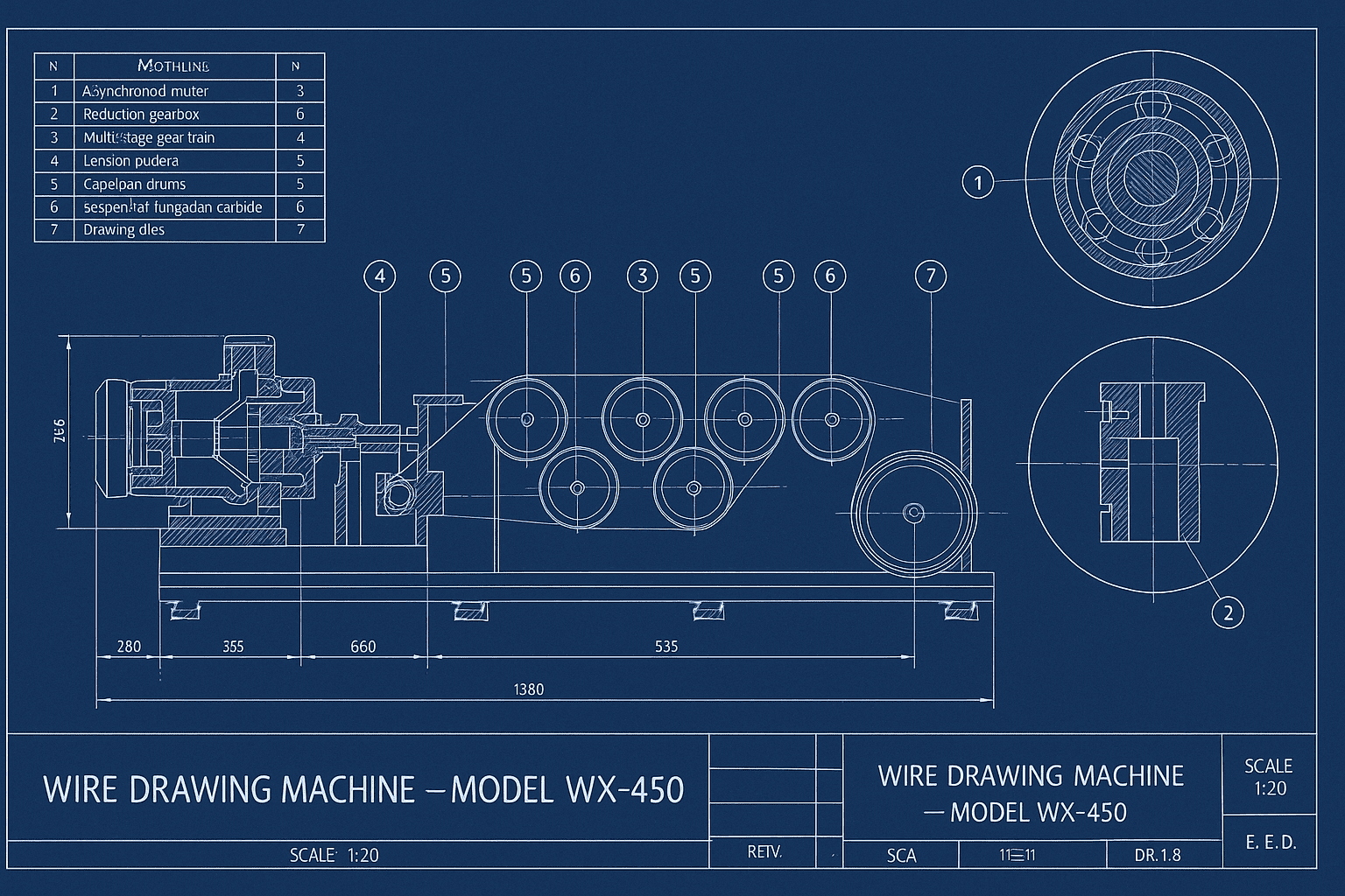 A blueprint of a wire drawing machine with gears and components visible