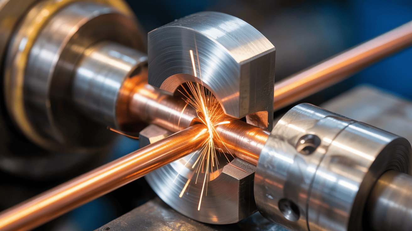 A close-up shot of high-quality copper wire being drawn through a die