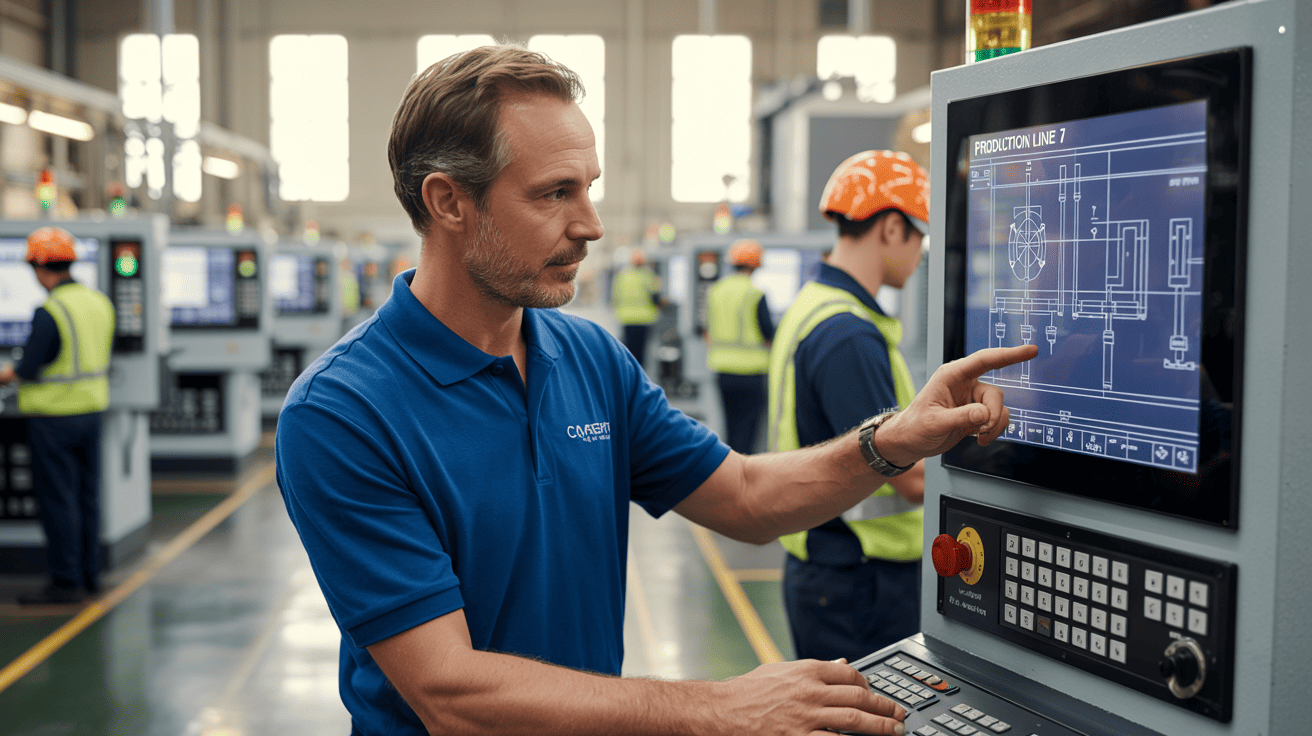 An engineer in a company polo shirt helping a factory worker at a machine control panel