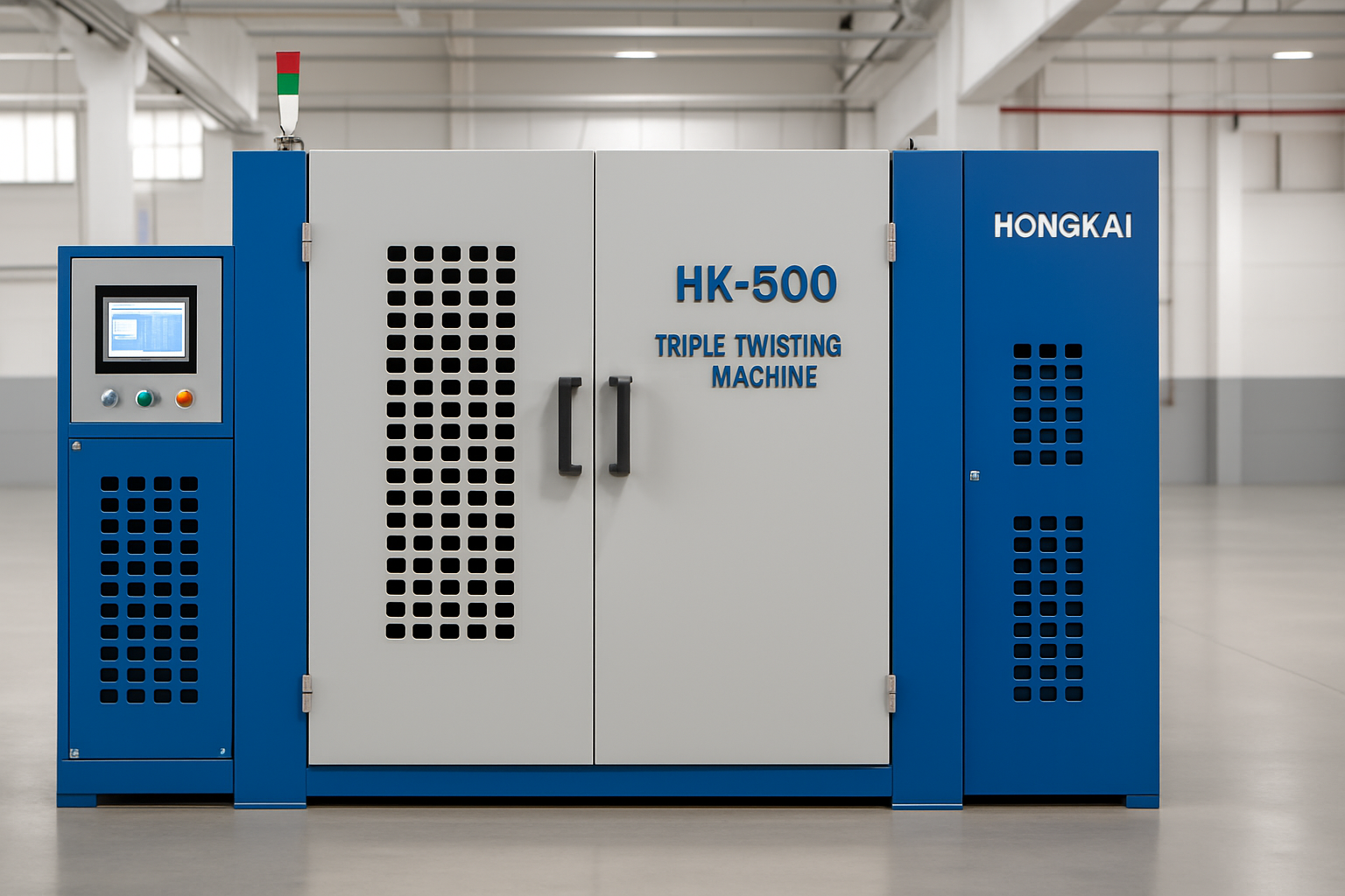 Tinjauan Mesin Pemutar Tiga Kali Lipat HK-500 - Peralatan industri modern yang menampilkan beberapa gulungan kawat ABS Ø500mm, tiga kepala putar yang disinkronkan, panel kontrol layar sentuh Weinview 10 inci, dan sistem motor servo 5,5KW dalam pengaturan pabrik profesional