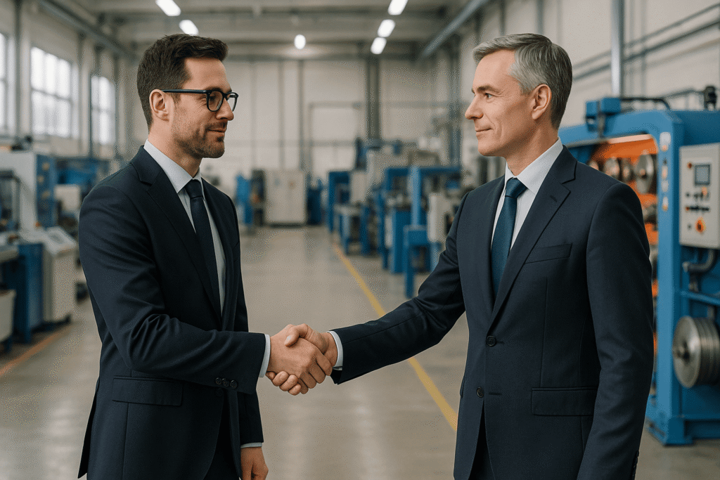 Two businessmen in suits shaking hands in a well-lit industrial facility with machinery in the background.
