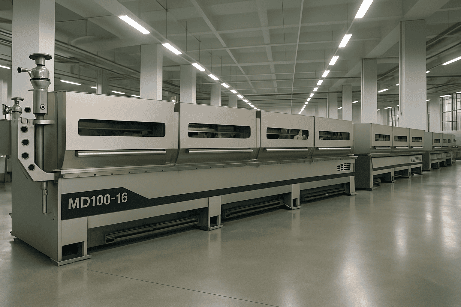 A modern, clean factory floor with several wire drawing machines in a row