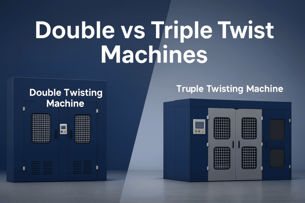 Side-by-side comparison of Double Twisting Machine and Triple Twist Machine, displayed on a clean industrial background with a bold title.