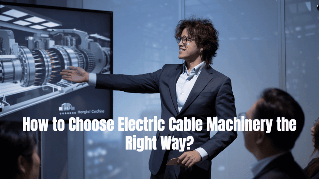 Business professional presenting electric cable machinery selection strategy on a large screen in a modern conference room.
