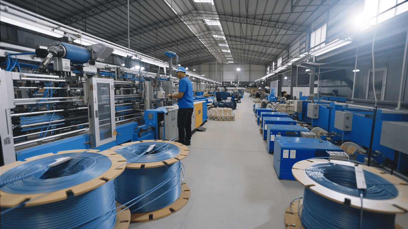 Multiple Cat6 cable production lines in operation