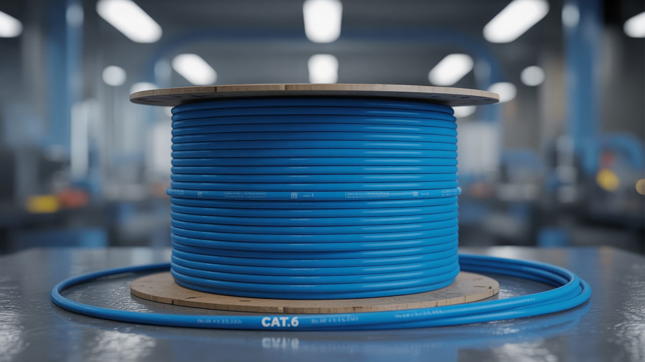 Blue CAT.6 ethernet cable spool in modern cable manufacturing facility