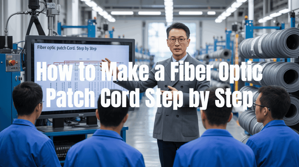 Chief engineer explaining fiber optic patch cord production steps to a group of trainees inside a modern cable manufacturing plant.