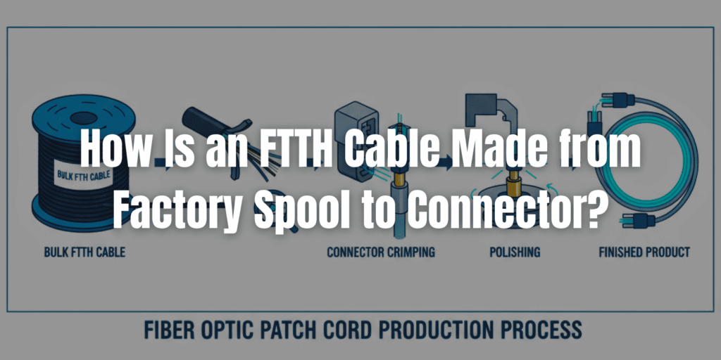 Illustrated FTTH cable production process showing steps from bulk spool, connector crimping, polishing, to finished patch cord.