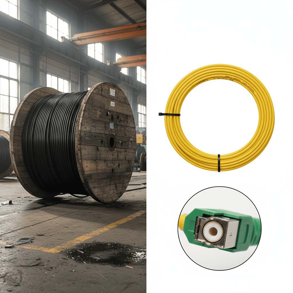 A split image showing a large spool of bulk cable on one side and a finished patch cord on the other