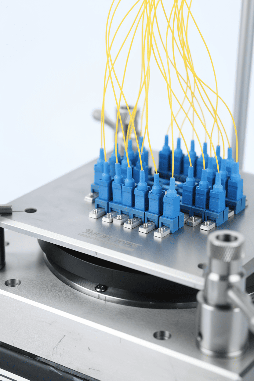 A fiber optic polishing machine with multiple connectors held in a jig
