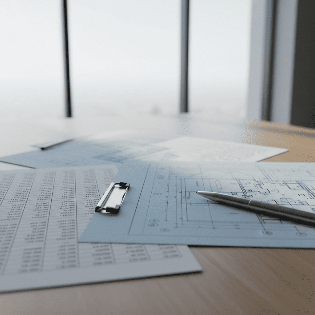 Engineering drawings and cost calculation documents on a desk