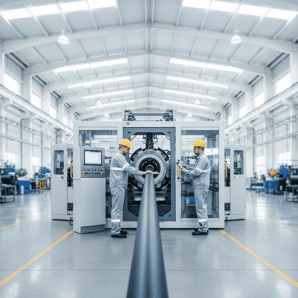 Engineers operating a power cable extrusion line inside a factory