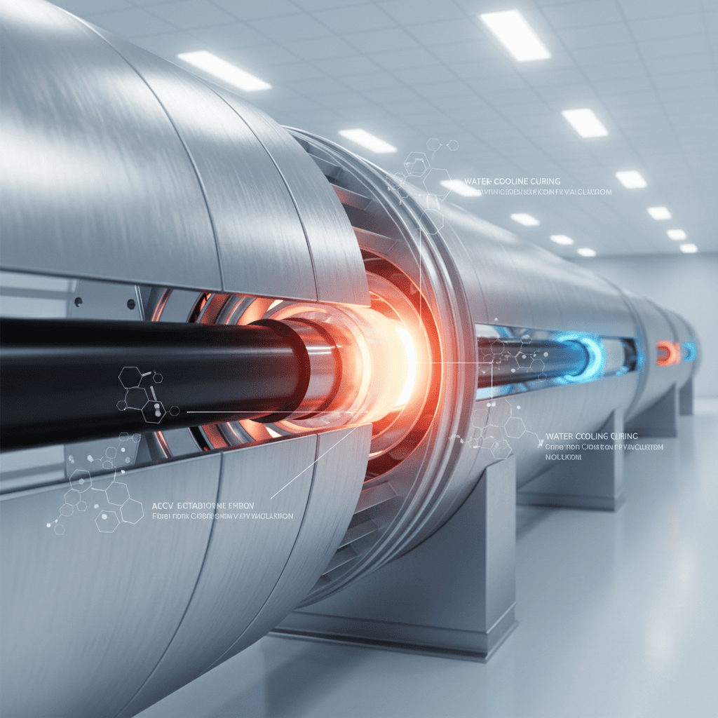 Industrial XLPE cable curing line with heating and cooling sections in a modern manufacturing environment.