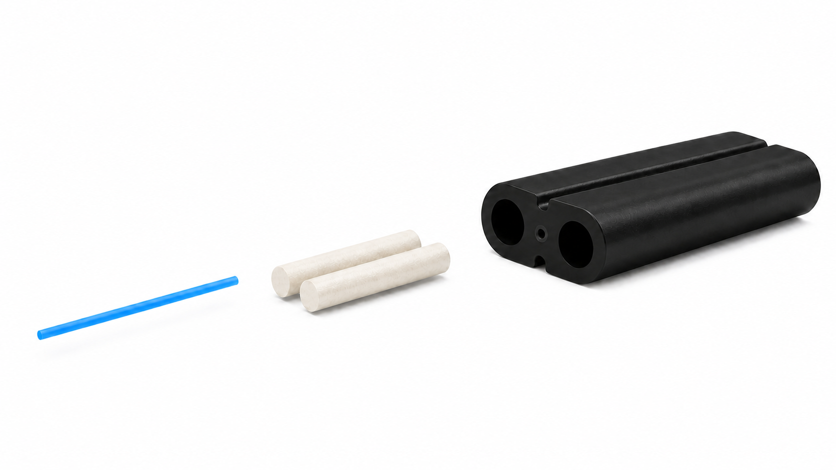 Exploded FTTH drop cable showing optical fibers, two parallel strength members and the flat outer jacket
