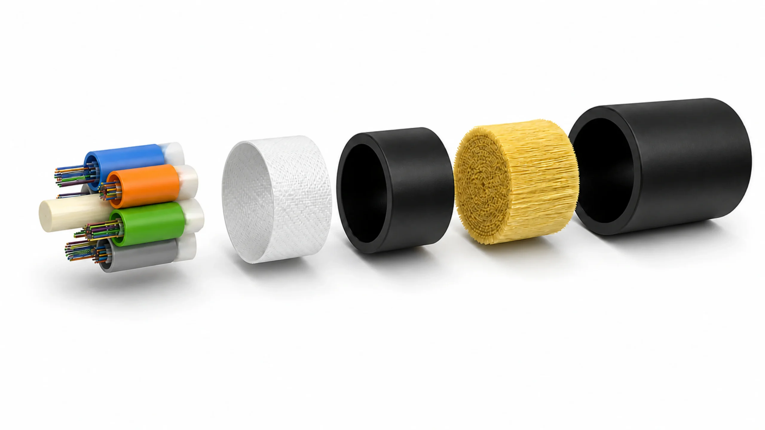 Exploded ADSS fiber optic cable showing fibers, PBT loose tubes, water-blocking wrap, inner sheath, aramid yarn and outer sheath