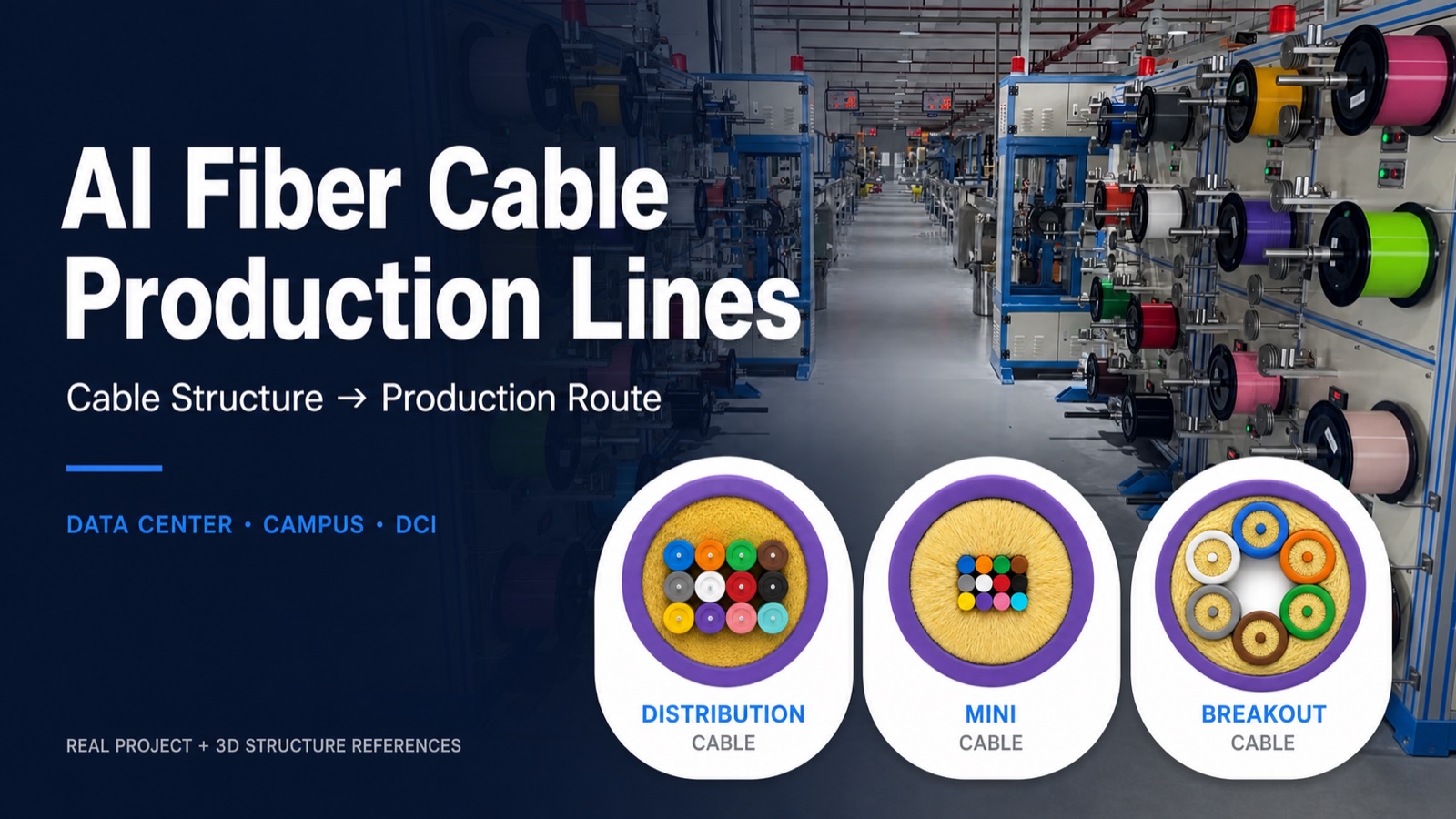 HONGKAI AI fiber optic cable production line guide showing distribution, mini and breakout cable structures with real HK-50 factory equipment