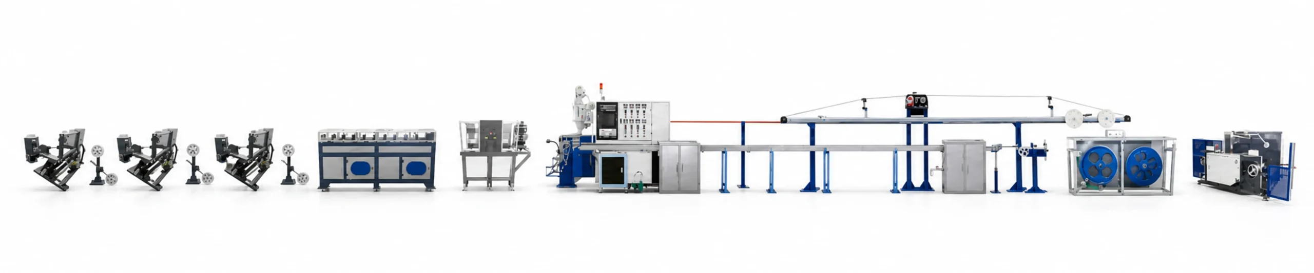 Complete ASU fiber optic cable production-line panorama on a white background
