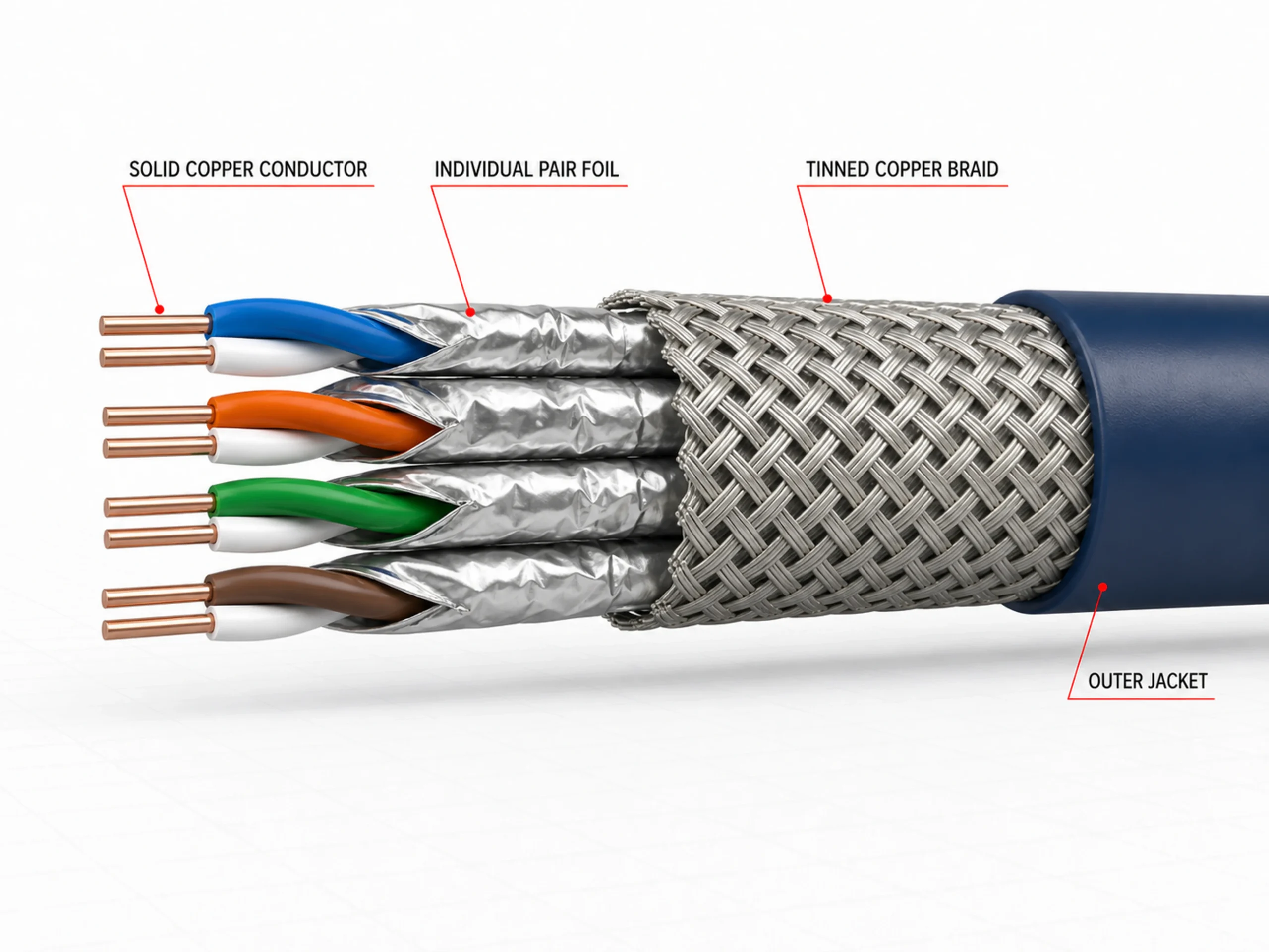 Cat7 S/FTP shielding structure and production-route reference