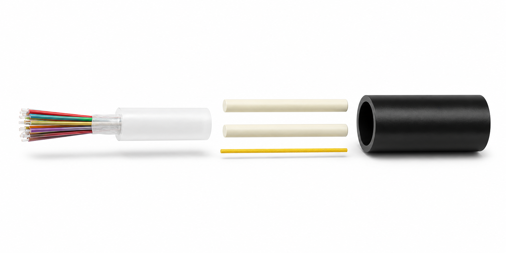 New exploded ASU fiber optic cable showing colored fibers, jelly-filled PBT loose tube, two parallel FRP strength rods, yellow ripcord and black PE outer sheath