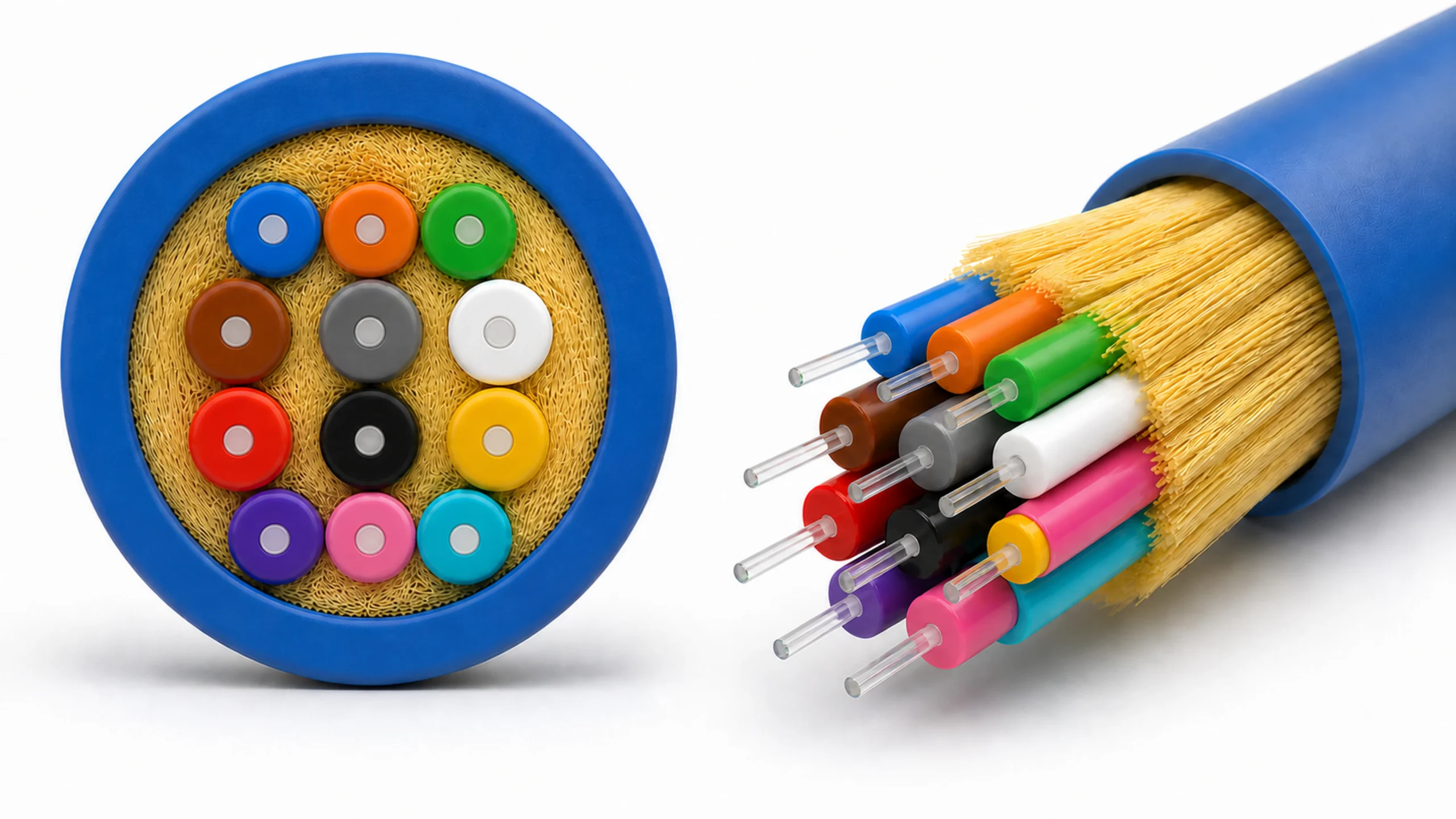 Cross-section and cutaway 3D reference of a 12-fiber GJFJV indoor distribution cable with colored tight-buffered fibers, aramid yarn and a blue outer jacket