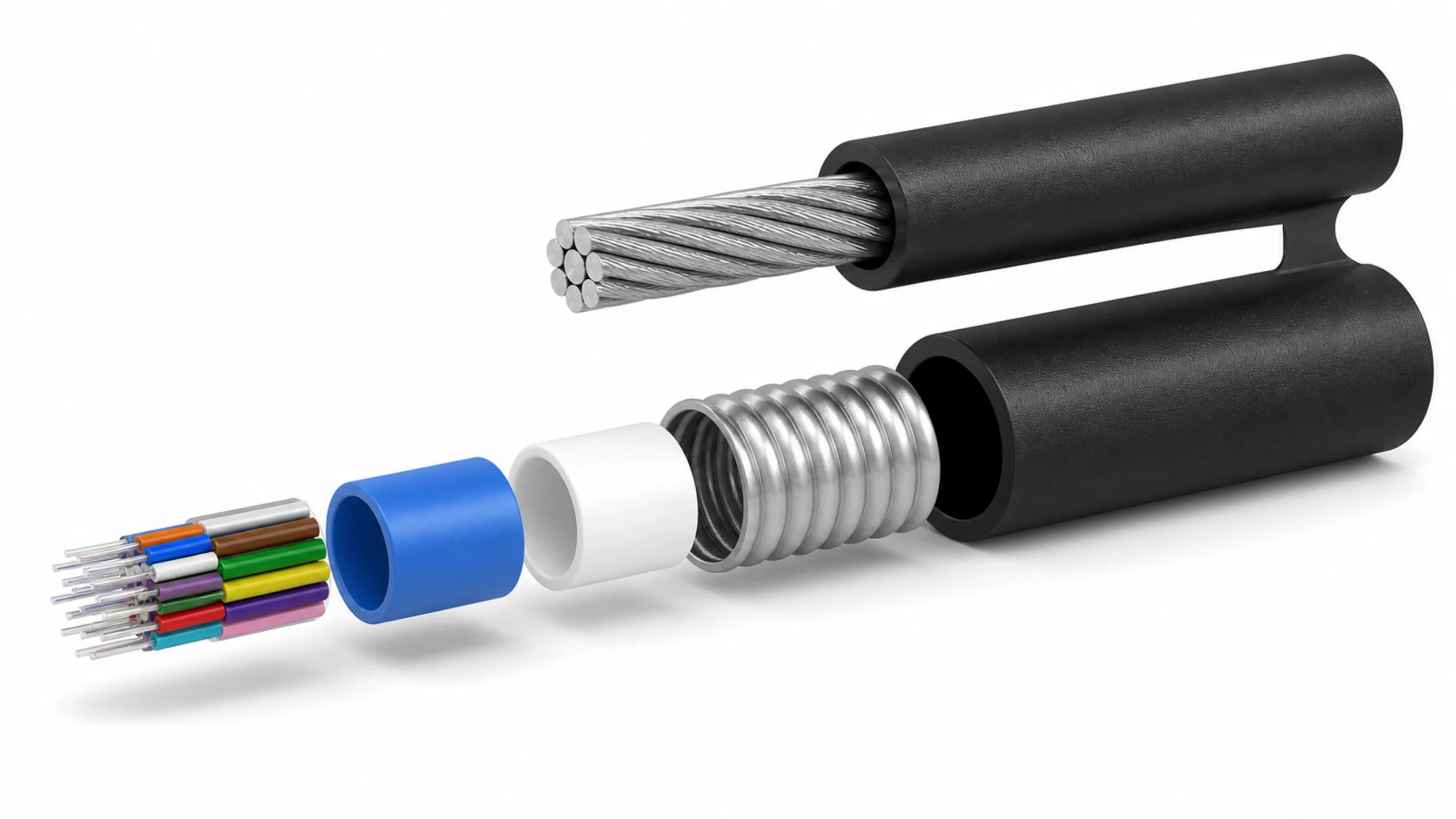 Exploded GYXTC8S figure-8 fiber optic cable showing colored fibers, PBT loose tubes, SZ-stranded cable core, corrugated steel tape, stranded-steel messenger and black PE sheath