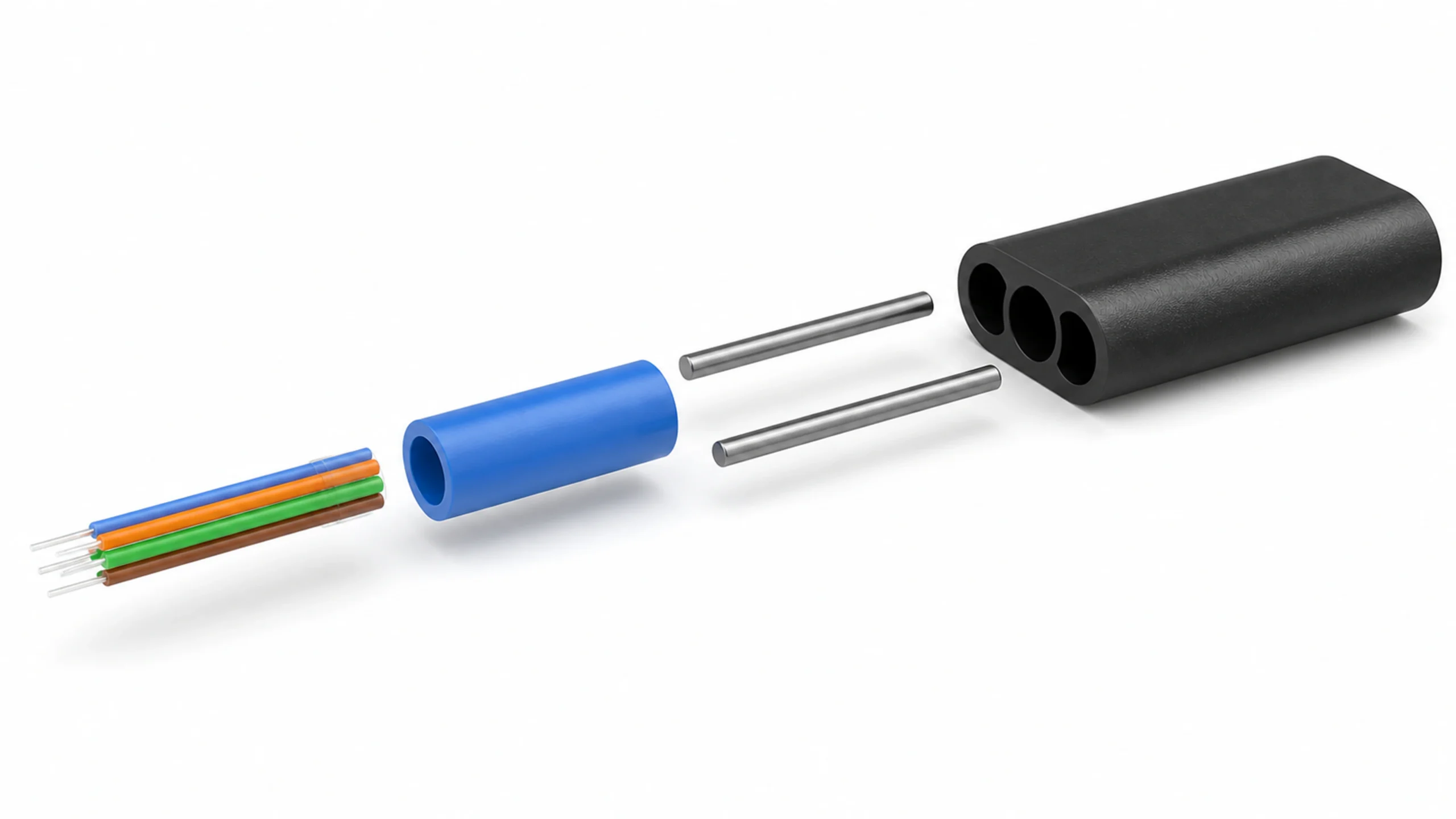 Exploded GYXTPY small oval fiber optic cable showing colored fibers, central PBT loose tube, parallel strength members and black PE sheath