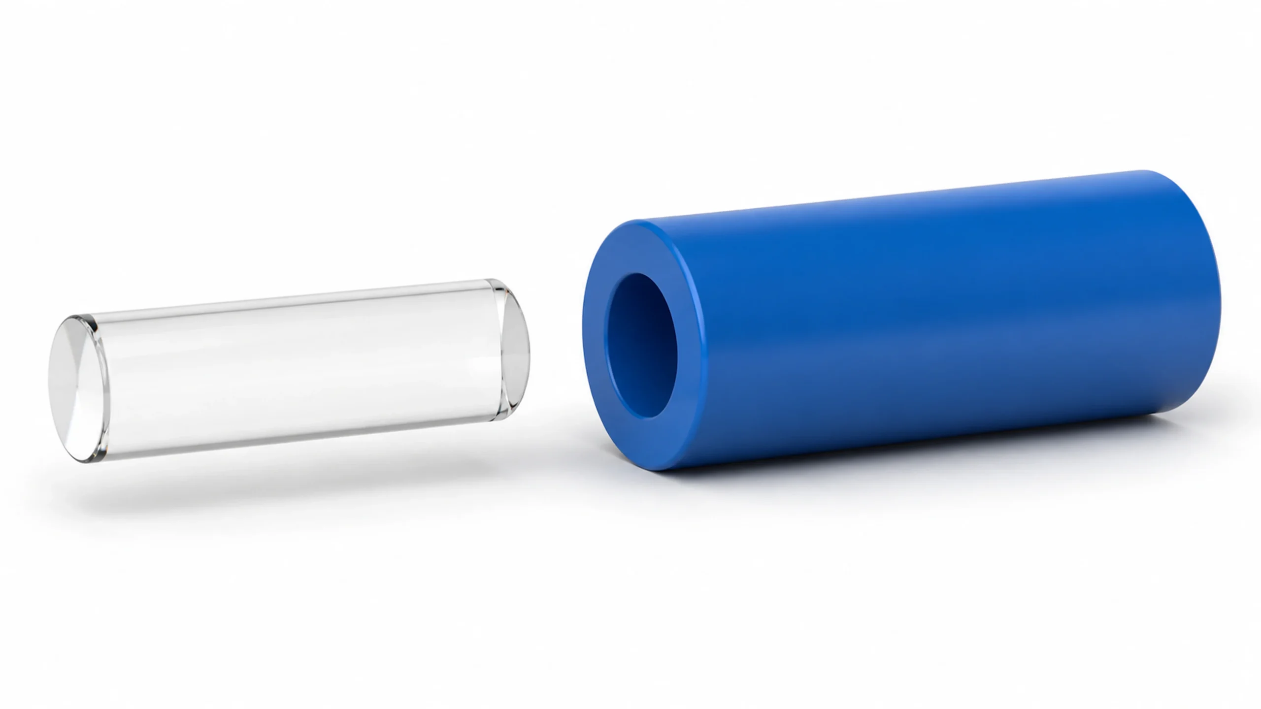 Exploded tight-buffered optical fiber showing the glass fiber separated from the surrounding buffer layer