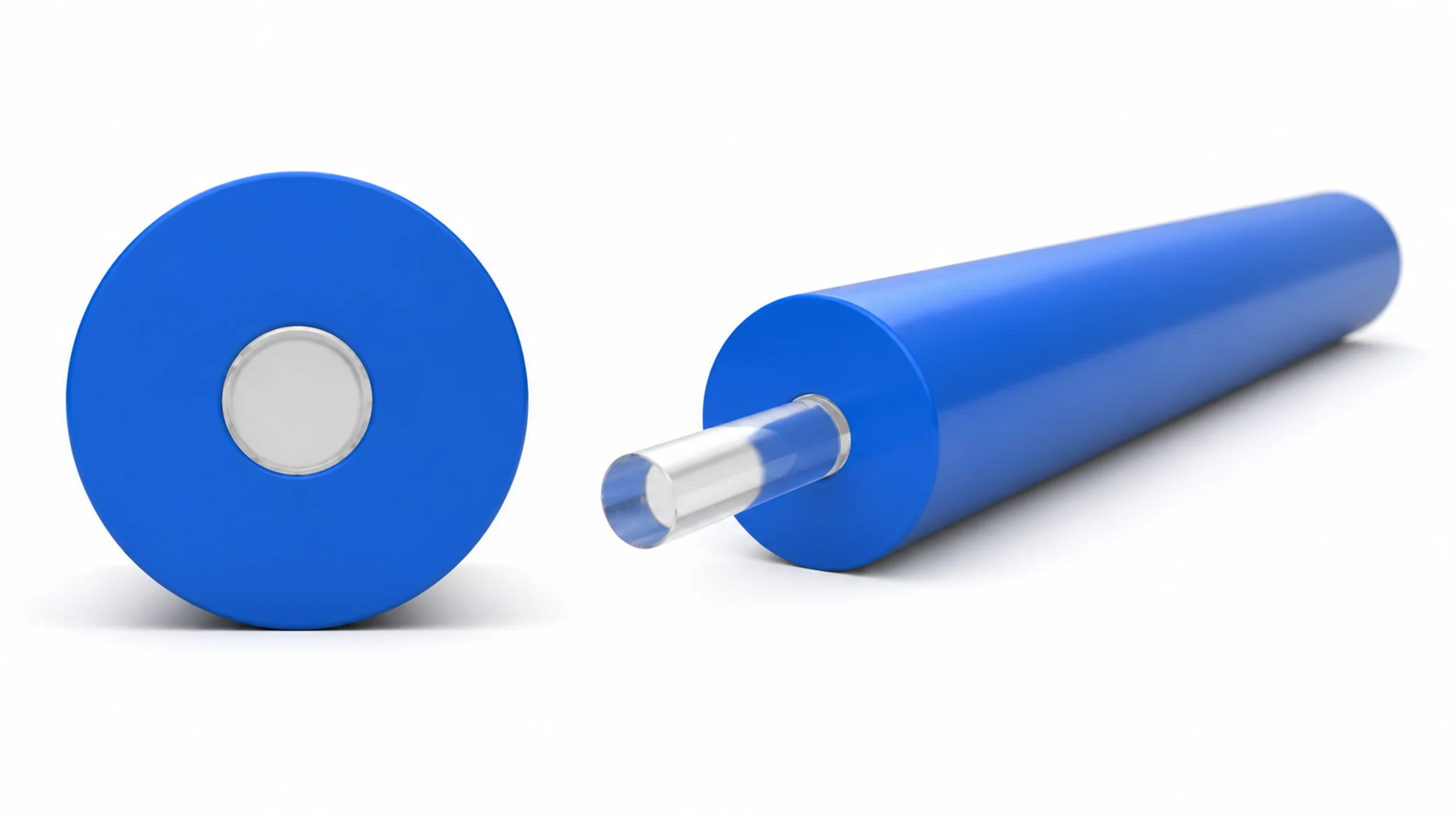 3D cross-section and cutaway view of tight-buffered optical fiber showing the central optical fiber and blue buffer layer