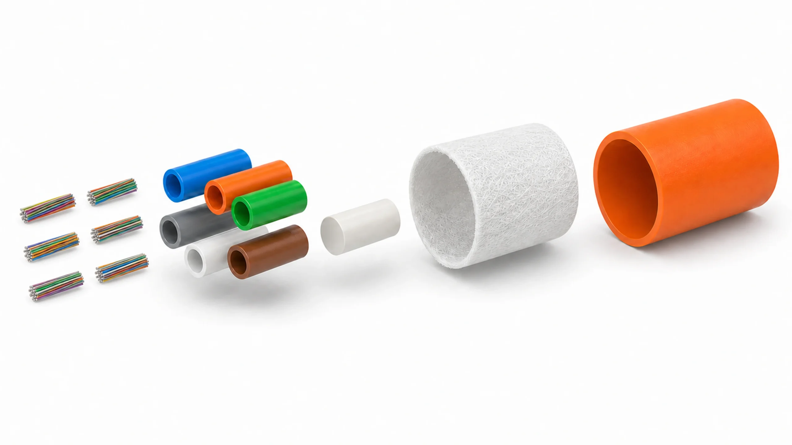 Exploded Micro Cable showing colored fiber bundles, multiple PBT loose tubes, central strength member, water-blocking wrap and PE outer sheath