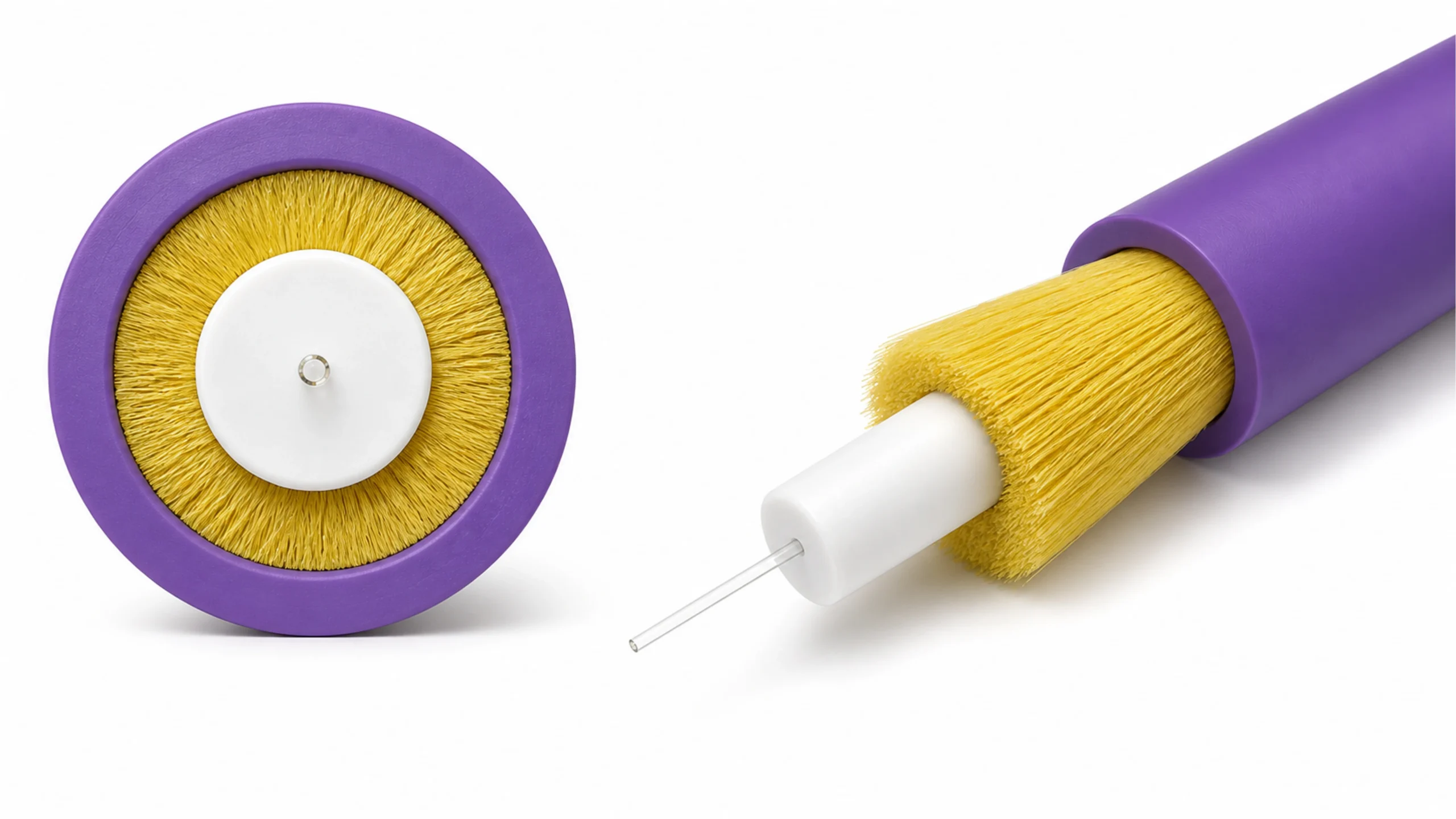 Patch-cord cable 3D structure showing optical fiber, tight buffer, aramid yarn and purple outer jacket