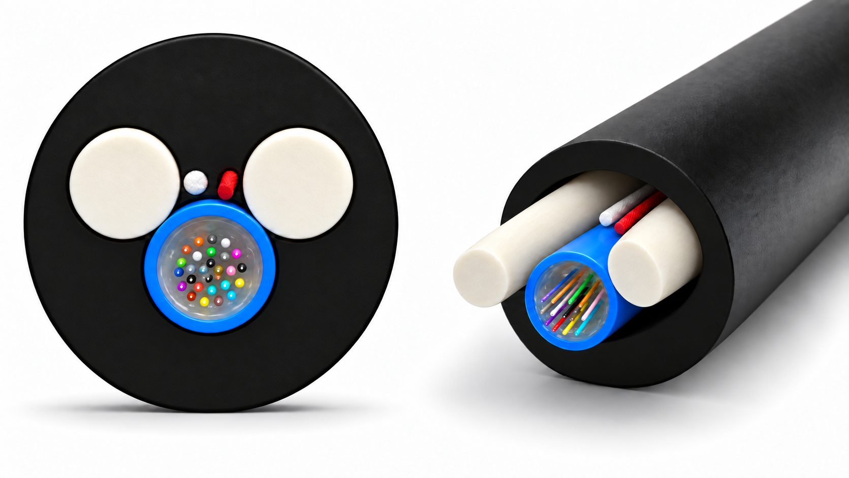 ASU cable cutaway matching the reference structure with two FRP members, one PBT loose tube, ripcord and water-blocking yarn