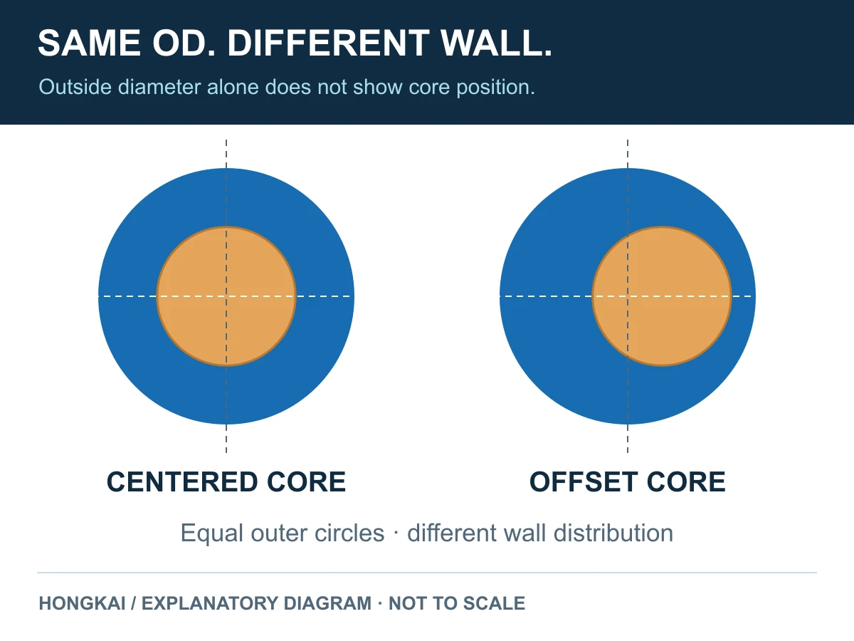 Od Versus Centering Two illustrative cable cross-sections with equal outside diameters but centered and offset cores, showing different wall thickness distributions