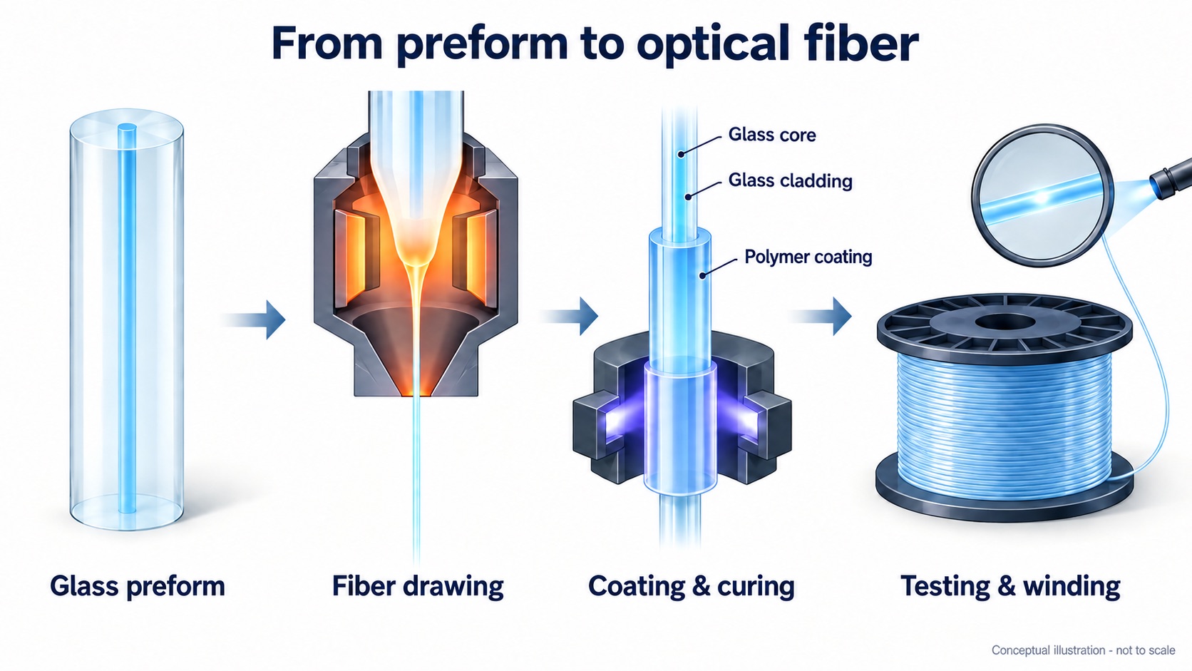 Conceptual sequence of glass preform preparation, fiber drawing, coating, curing and winding