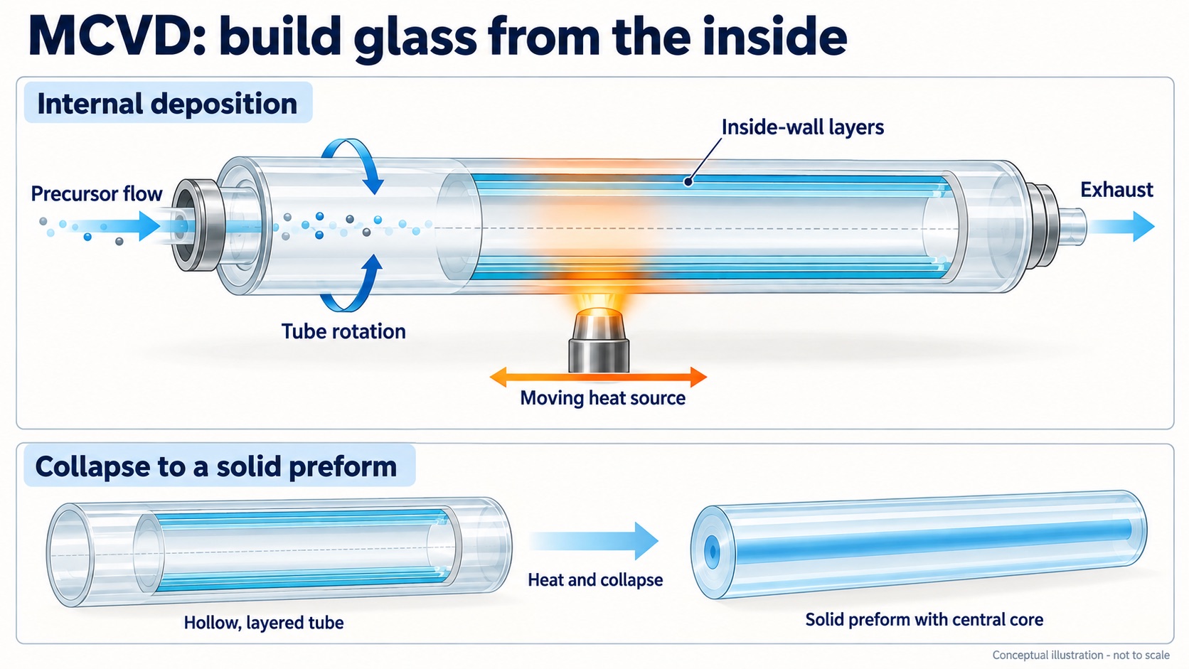 MCVD schematic showing precursor flow, inside-wall deposition, external heating and collapse to a solid preform