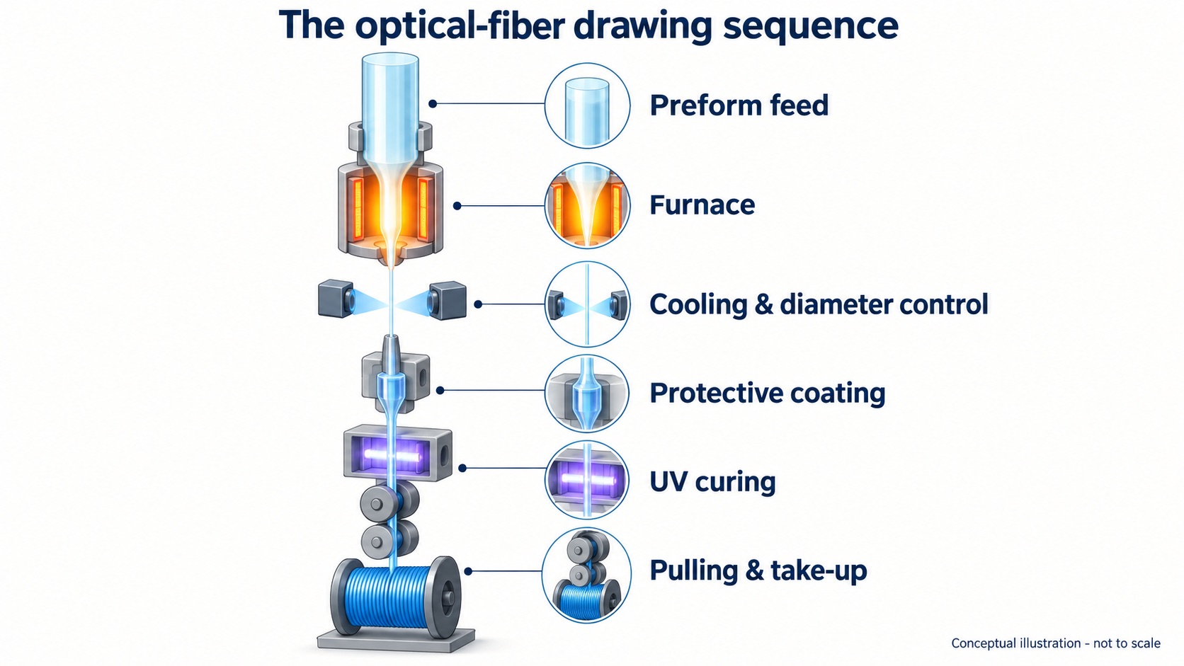 Optical fiber drawing schematic with preform feed, furnace, cooling, diameter control, coating, UV curing and take-up