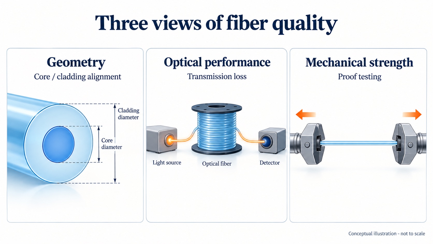 Conceptual optical-fiber quality checks for core and cladding geometry, transmission loss and mechanical proof testing