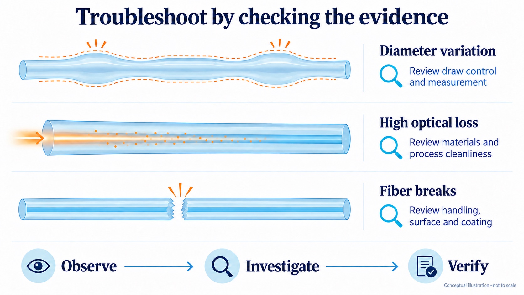 Conceptual checks for optical-fiber diameter variation, high optical loss and fiber breaks