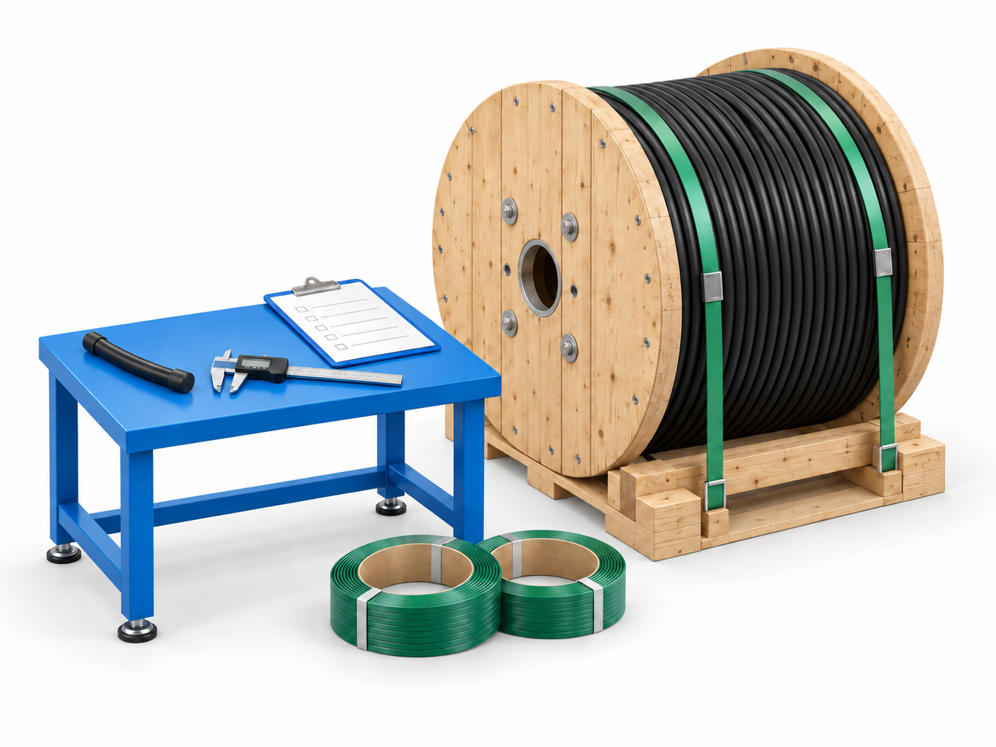 3D workflow illustration of a finished cable drum, dimensional inspection tools and packing records
