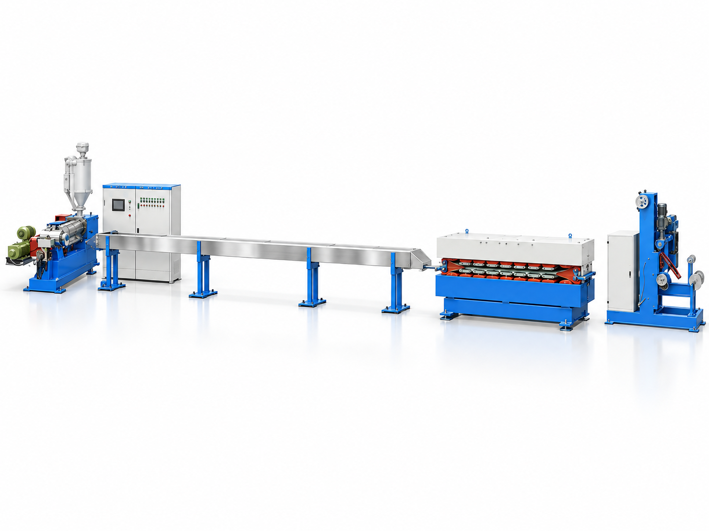 3D illustration of the power-cable outer-sheathing line, with extruder, cooling trough, haul-off and final handling unit